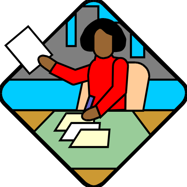 The image depicts a stylized illustration of two scenes: on top is an office scene with a woman sitting at her desk working; below it shows another person standing in front of papers spread out across a table, seemingly reviewing them closely while holding what appears to be a pen or pencil.