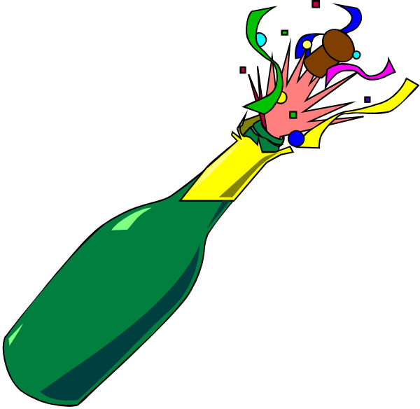 The image shows a green champagne bottle with an open top from which confetti is falling out onto black background; there's no text present in this clip-art illustration.