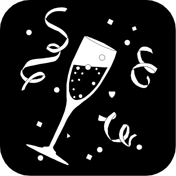 The black and white illustration shows a champagne flute with bubbles around it on what appears to be a dark background.