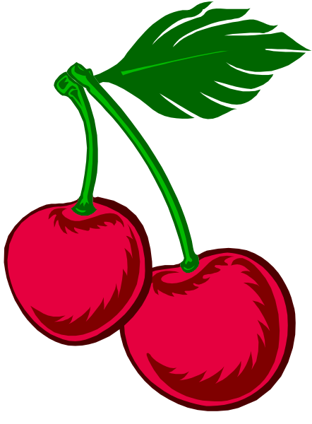 The image shows a cartoon cherry with green leaves attached to its stem hanging from it two cherries that resemble real fruit in color but have stylized features like eyes and mouths