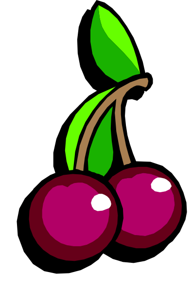 The image shows a cartoon cherry with two cherries on top of it against a black background.