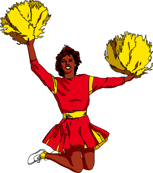 The image shows a cartoon of an athlete celebrating with pom poms after scoring points during a game.