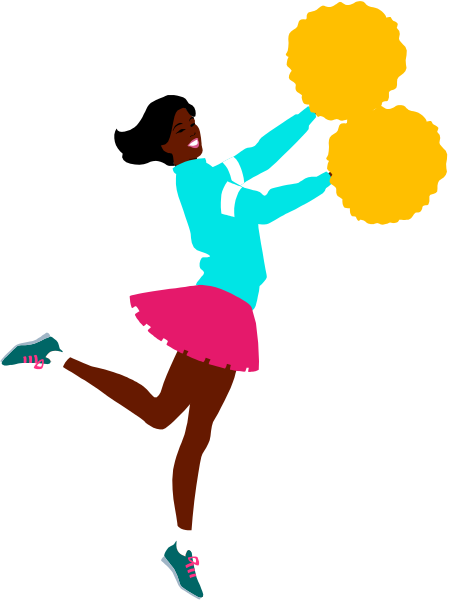 The image shows a cartoon of an animated cheerleader with pom poms performing stunt jump against black background.