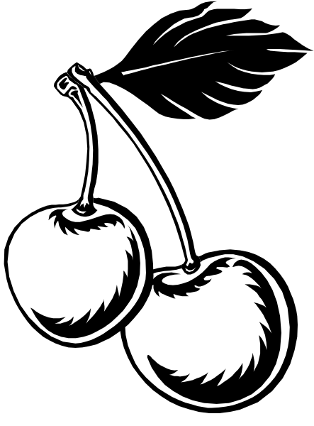 The black and white illustration shows three cherries hanging from a stem with two leaves attached to it against a dark background.