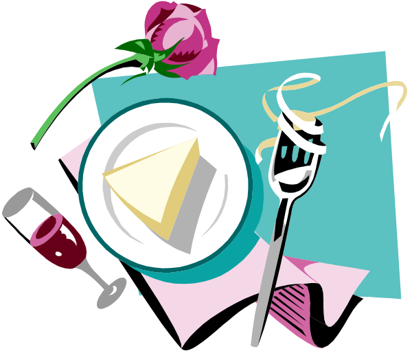 The illustration depicts a table with various items on it: there's an empty plate next to what appears to be cake; wine glasses filled halfway up sit beside each other in front of two roses, one pink and one red; above these objects is a small yellow ribbon or bow.