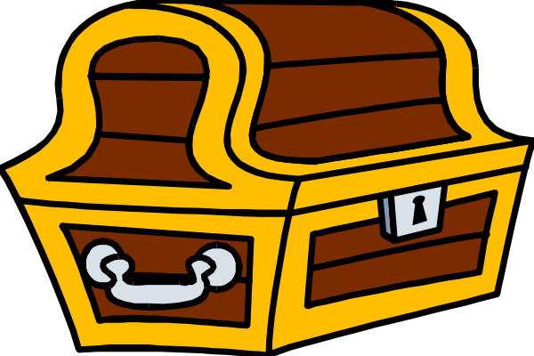 The image shows a cartoon depiction of an open treasure chest with gold coins inside it placed on top of another closed trunk in front of what appears to be a dark background.