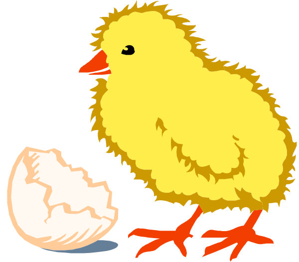 The image shows a cartoon of an adult chicken standing next to its chick inside their shell on the ground with another egg nearby in front of them both.