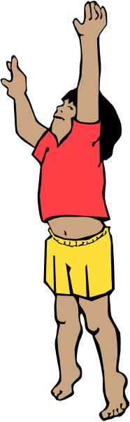 The image shows a cartoon of an animated character with red hair standing on top of another figure's head while holding their arms out to either side in front of them; both characters appear to be wearing yellow shirts and shorts, suggesting that this might represent two different people or entities interacting within the same space.