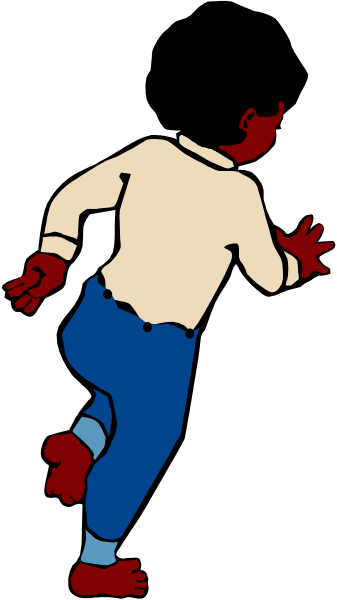 The image shows a cartoon of an animated character running down a hallway with red shoes on its feet.