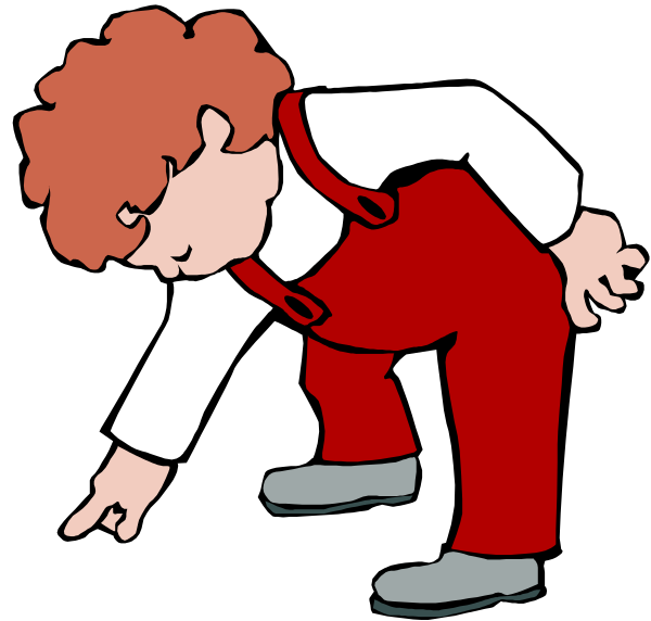 The cartoon shows a red haired boy with overalls leaning forward on his hands as if he's about to fall down; there is no background detail provided in this image snippet.
