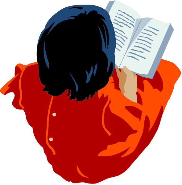 The illustration depicts a person with long hair reading an open book while wearing red clothing against a dark background.