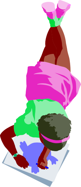 The image shows a cartoon of an African American girl with dark hair wearing pink sneakers who is upside down on her head while holding onto paper that has been drawn to resemble a book; she appears to be in mid-air, and there's no background detail provided.