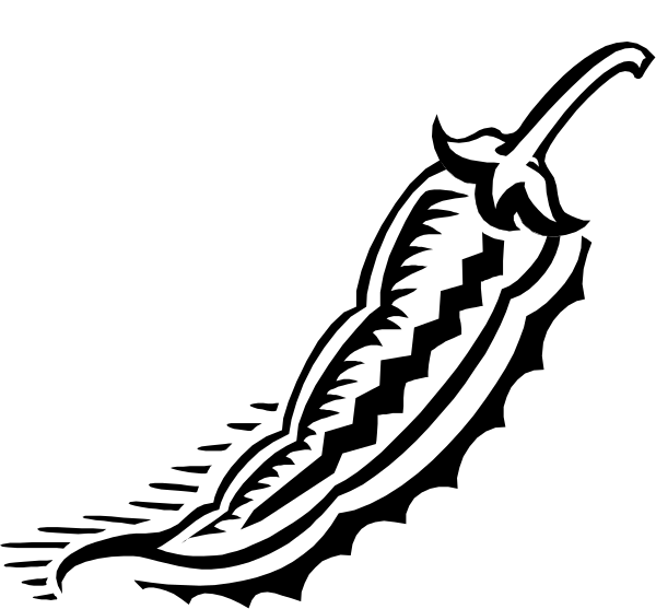 The black and white illustration shows a chili pepper with its stem pointing upwards against a dark background.
