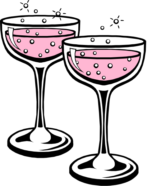 The black and white illustration shows two champagne flutes filled with pink liquid on a tabletop against a dark background.