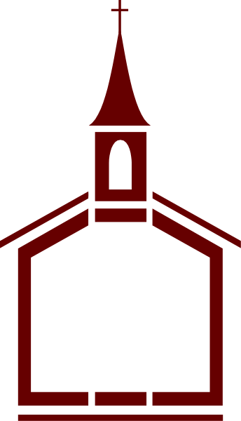 The image shows a simple black and white illustration of an old church with red doors at its entrance.