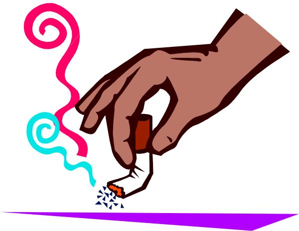 The image shows a hand holding an object that resembles marijuana with smoke rising from it against a dark background; there is no text present in this clip-art illustration.