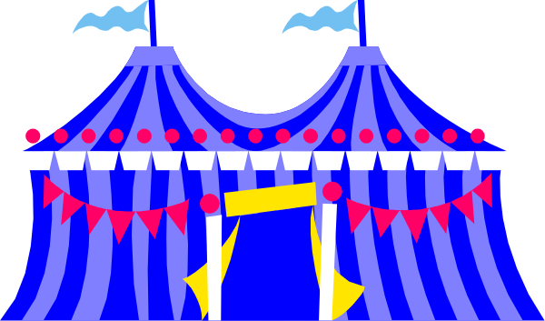 The image shows a colorful circus tent with bunting flags hanging from its sides, set against an outdoor night sky background.