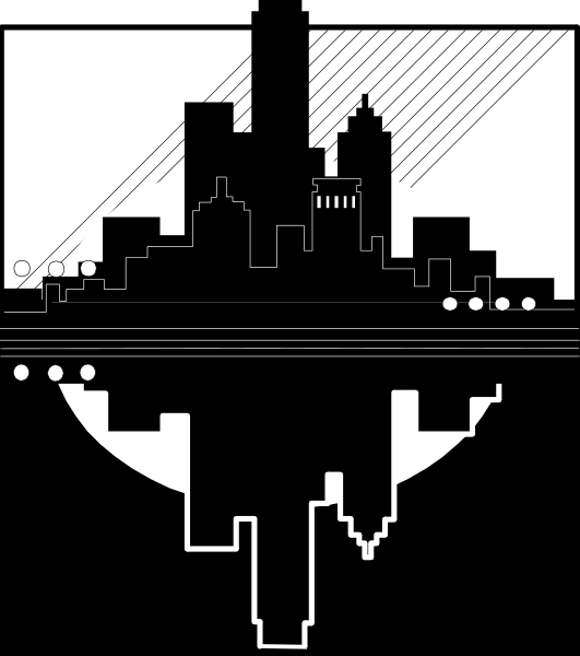 The image shows a stylized cityscape with skyscrapers under an overcast blue sky during what appears to be daytime.