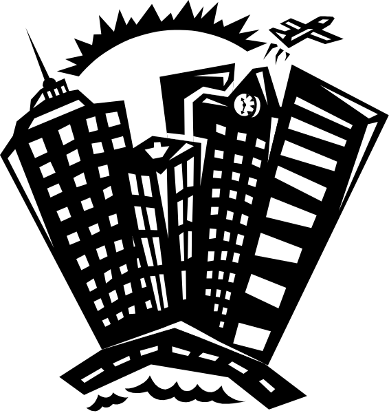 The black and white silhouette of a city skyline with buildings against an urban night background.