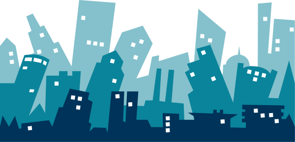 The image shows a stylized cityscape at night with buildings outlined against darker backgrounds; there is no text present in this clip-art illustration.
