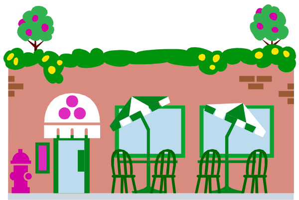 The illustration depicts a quaint street scene with an outdoor cafe featuring tables under umbrellas on what appears to be a sunny day. There is one person visible in front of the café, and various items such as chairs, potted plants, vases, and decorative elements are present around the area. The setting suggests it could be located near residential buildings or shops with brick walls that have windows displaying different products like wine bottles and cups on shelves inside them.