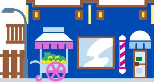 The image depicts a cartoonish street scene with various shops on either side of an alleyway; there's a barber shop to one end, featuring a pole with hanging tools like scissors and razor blades above it, next to which is another storefront that appears to be selling flowers. In the middle ground stands a cart filled with fruits such as apples and oranges on wheels being pushed by an unseen person; there's also what looks like a small carrot-shaped vehicle in front of this fruit stand. To one side, we see a building