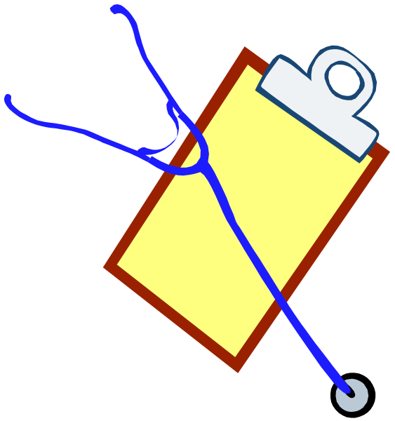 The image shows a yellow sticky note with an attached blue pen on it hanging from what appears to be a clipboard that is suspended by two strings in front of a black background.