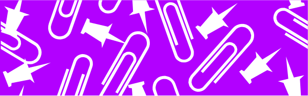 The image shows a purple banner with white pins on it against a gray background.