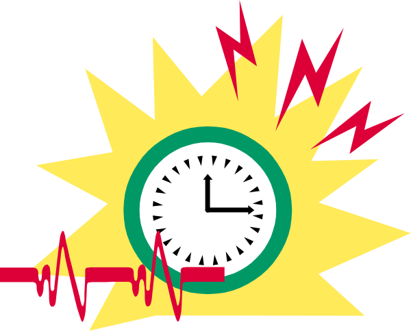 The image shows a cartoon of an explosion with a clock at its center surrounded by red lines indicating danger; there is also lightning bolt imagery around it suggesting electrical activity.