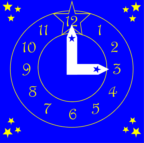 The image shows a blue clock with Roman numerals indicating hours 1 through 6 on its face, set to approximately ten minutes past three o'clock in an unspecified time zone; above it is a white star and below it is a compass rose symbolizing north direction within the circle of latitude. Surrounding this central image are stars that represent constellations or celestial bodies against a dark blue background, giving the impression of night sky with various bright points representing different objects in space.