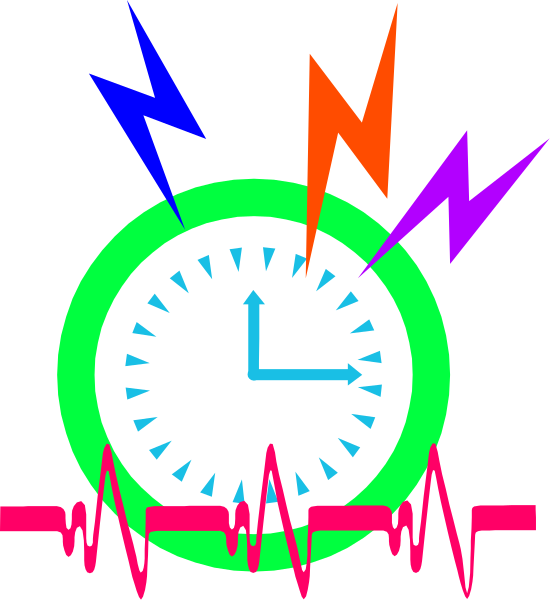 The image shows a digital clock with an ECG heartbeat line below it against a black background; above the clock is a colorful explosion of lightning bolts in various hues including blue, red, yellow, and green.