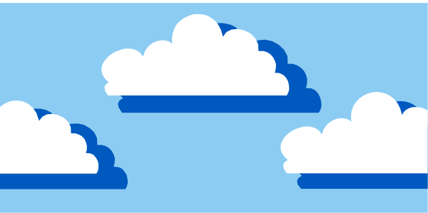 The image shows a stylized illustration of three white clouds with green trees on top against a light blue sky background.
