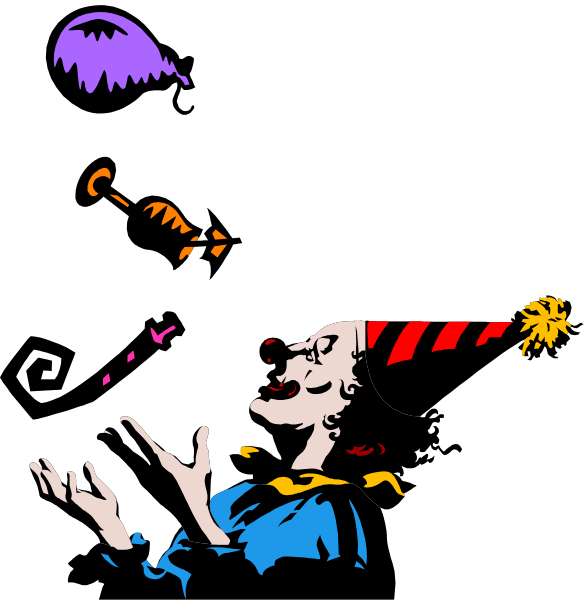 The image shows a cartoon clown character with exaggerated features like large shoes and an oversized smile holding sparklers in one hand while standing on what appears to be a stage set against a dark background.