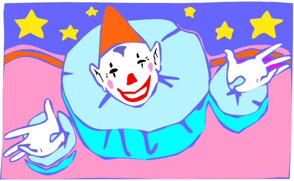 The image shows a cartoon clown with red hair sitting on top of an ice cream cone against a purple background that has stars in it; there is also text at bottom right corner reading "Ice Cream" and below, another line saying "Clown."