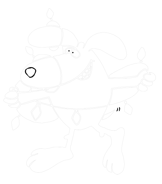 The black and white illustration shows a cartoon dog character with an exaggeratedly large head wearing glasses, holding two candles in its mouth while running to the right side of the image.