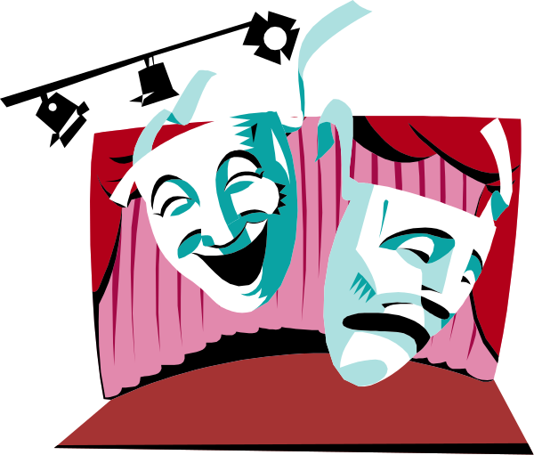 The image shows a cartoon of two theater masks with exaggerated facial expressions on either side of what appears to be an audience member's head in profile view from behind; there is no text present within this small clip-art illustration, and it seems to represent humor or comedy as the theme.