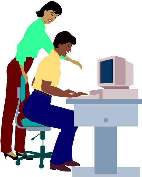 The illustration depicts a man sitting at an office desk with his back to us while using a computer monitor that is turned off; next to him stands another person who appears to be assisting in some way, possibly by pointing towards something on the screen of the desktop computer or explaining it verbally.