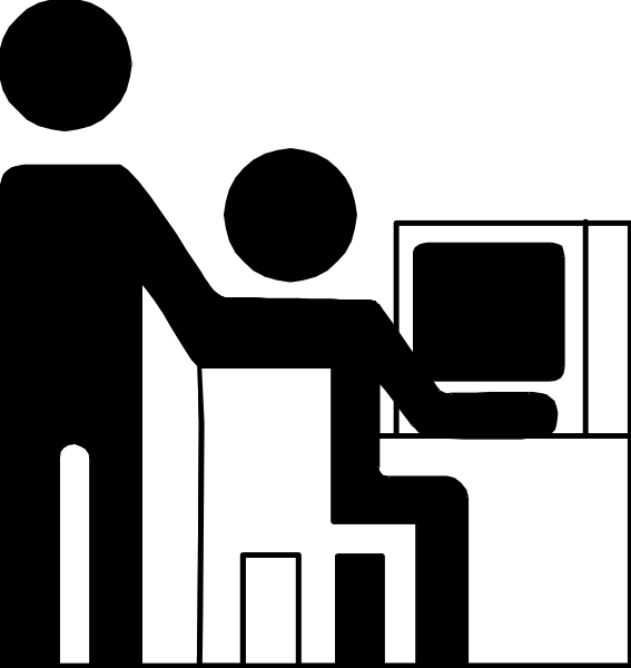The black and white illustration shows a person sitting at an office desk with their back to us; there's also what appears to be a computer monitor in front of them on top of the table.