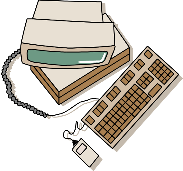 The black and white illustration shows a computer keyboard with red keys on top of it next to an old-fashioned printer that has paper coming out from its front side.