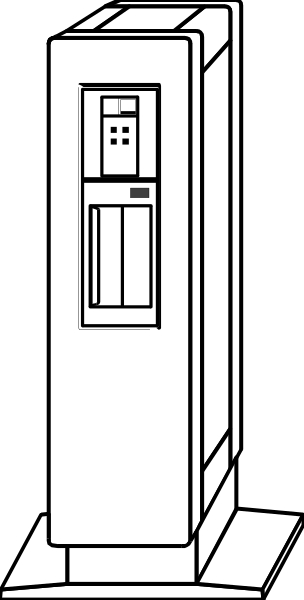 The black and white line drawing shows a tall vending machine with buttons on its front panel set against an indistinct background that appears to be darker at the bottom than it is towards the top.