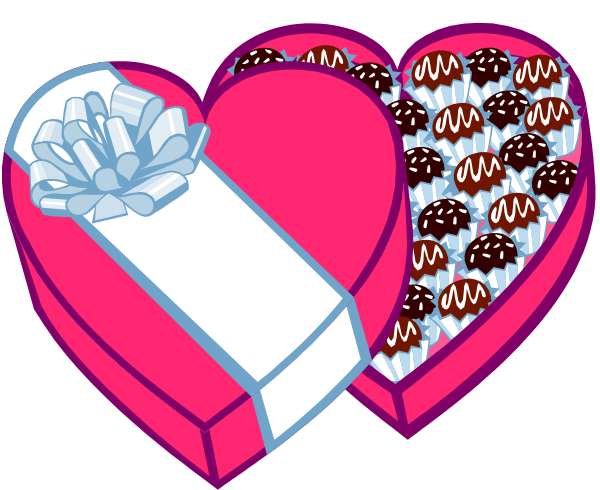 The image shows a pink heart with two openings filled with various items: on the left side is an empty gift box; in the right opening there's a collection of colorful candies resembling donuts, and below them appears to be a small present wrapped like a chocolate bar or candy.