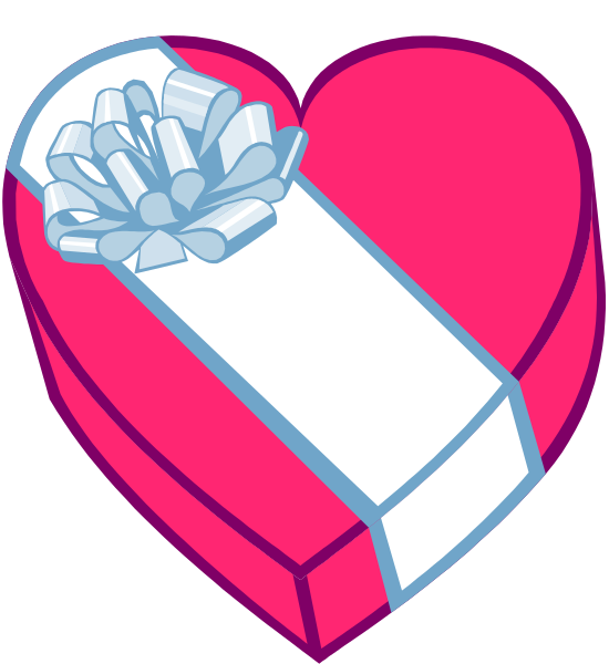The image shows a stylized illustration of an open gift box with what appears to be wrapped items inside it placed on top of a red heart-shaped object that resembles a chocolate bar wrapper.