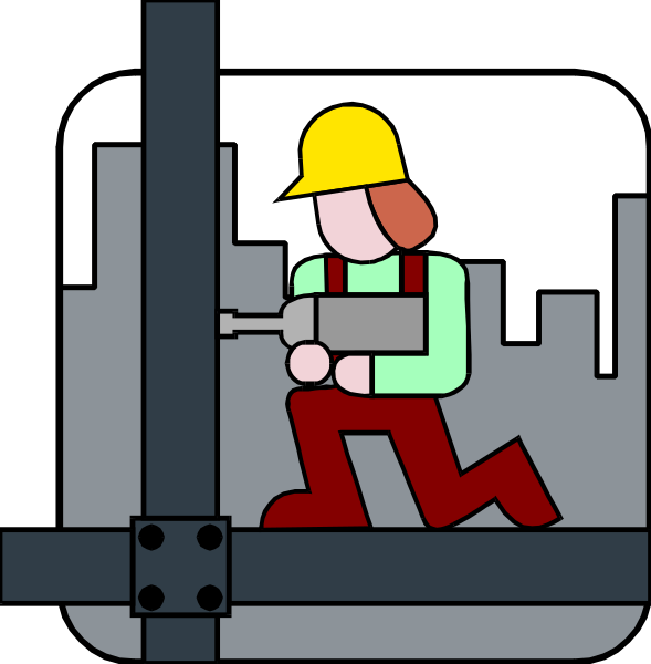 The illustration shows a construction worker wearing red pants standing on top of an unfinished building structure with tools around him; he is holding a drill in his hand while looking down at it.