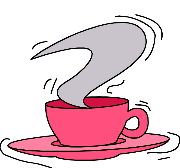 The image shows a pink cup of coffee with steam rising from it on top of an illustration that resembles a saucer placed atop what appears to be a table surface against a black background.