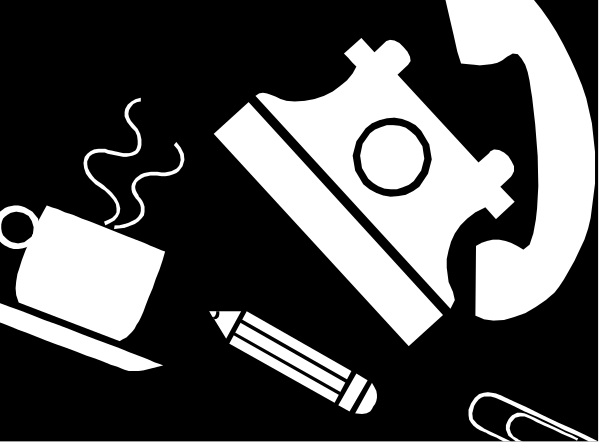 The black and white silhouette of a kitchen scene with various items such as an oven mitt, coffee cup, spoon rest, knife block, scissors, hammer, wrench, pliers, screwdriver, bottle opener, can opener, corkscrew, wine glass, fork, bowl, banana peel.