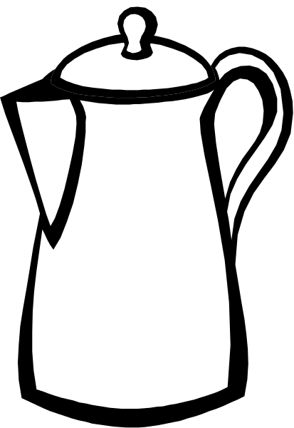 The black and white illustration shows a coffee pot with its lid on top of it against a striped background.
