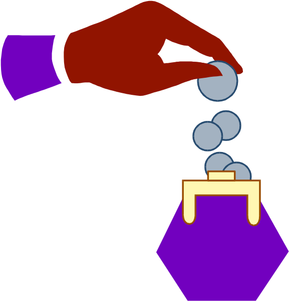 The image shows a hand holding two coins over an open jar with three other similar coins inside it on top of what appears to be a purple surface against a black background; there is no text present in this clip-art illustration, and all objects depicted here seem stationary without any actions taking place.