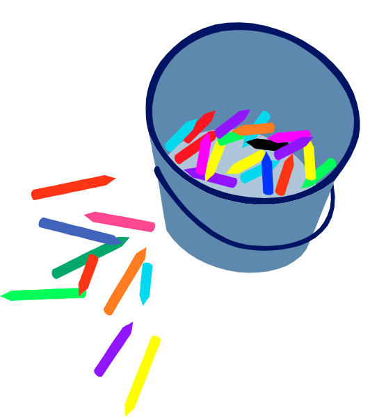 The picture shows a blue bucket filled with colorful pencils on top of which is spilling out some more colored pencils onto paper below it.