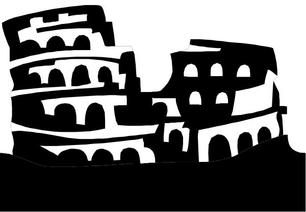 The black and white silhouette of a cityscape with buildings that resemble ancient ruins on top of each other in an urban environment.