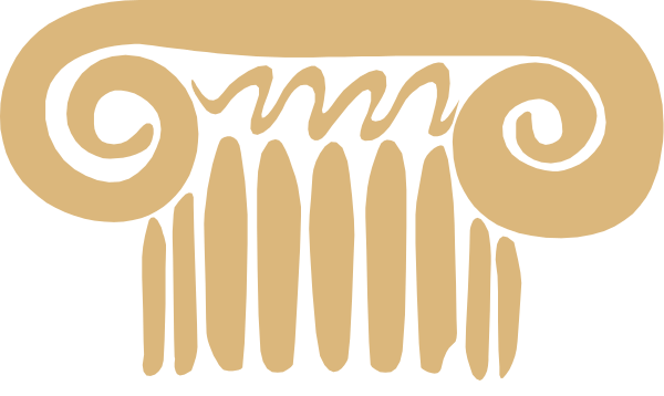 The image shows a stylized depiction of an ancient Greek column with scrollwork at its base, set against a plain background without any additional context provided by other elements in the scene.